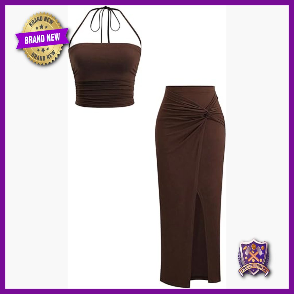 Ruched Crop Halter Top With Slit Bodycon Skirt Set Size Small